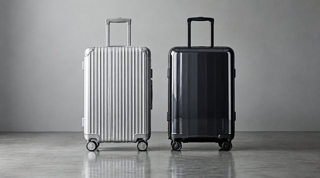 Aluminium and polycarbonate suitcases side by side