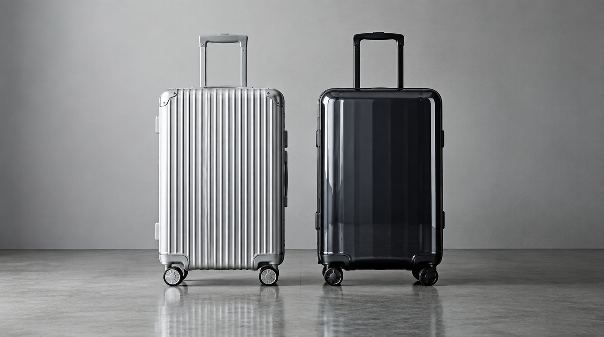 Aluminium and polycarbonate suitcases side by side