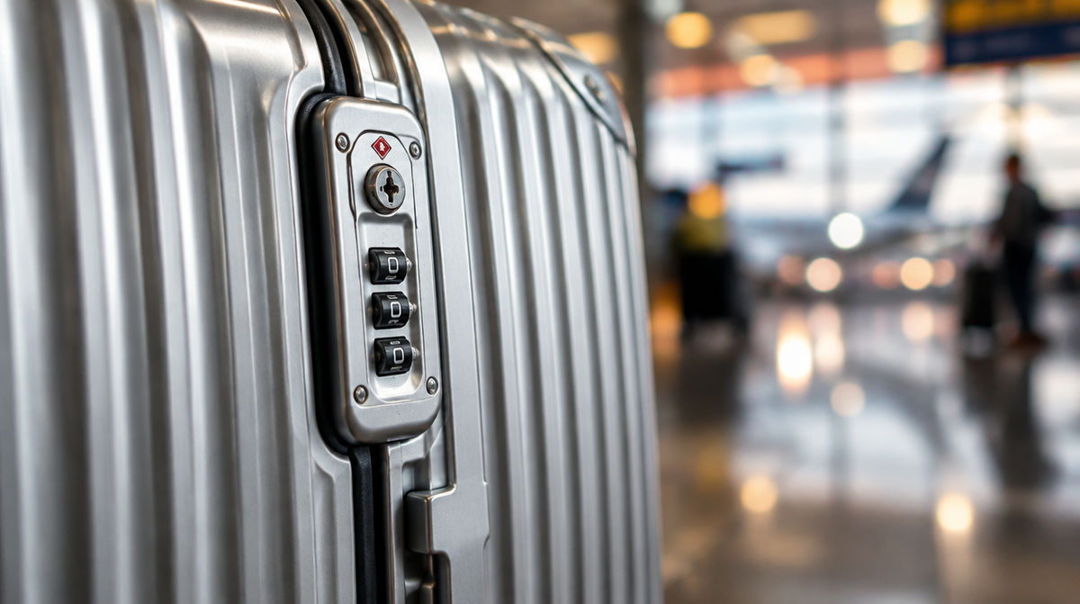 Close-up of a TSA combination lock on an aluminium suitcase