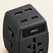Detail of the black ALTAIR travel adaptor's casing